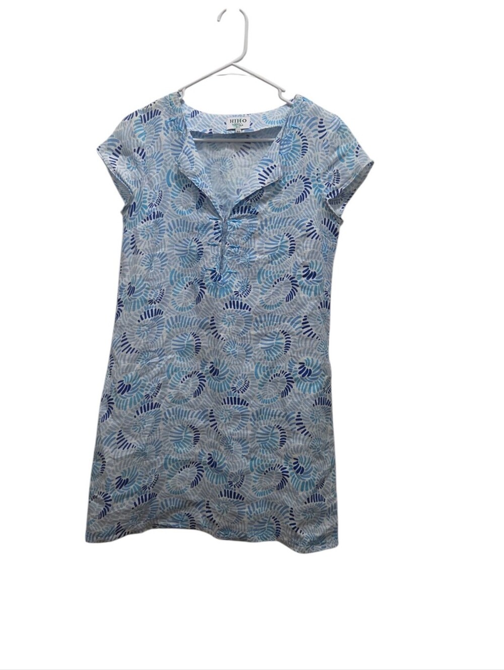 HIHO Tortola BVI 100% Linen Blue Print Tunic Dress XS Coastal Resort Chic READ**